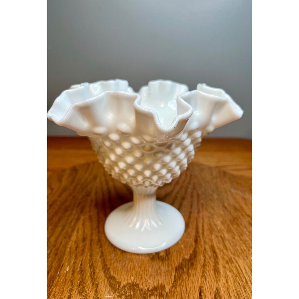 Vintage Fenton Milk Glass Hobnail Compote with Double Crimped Ruffled Rim